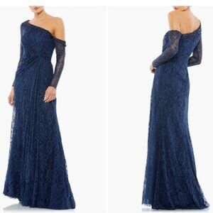 MAC DUGGAL 67852 DRAPE JEWEL ENCUSTED LACE DROP SHOULDER NAVY GOWN sz 2